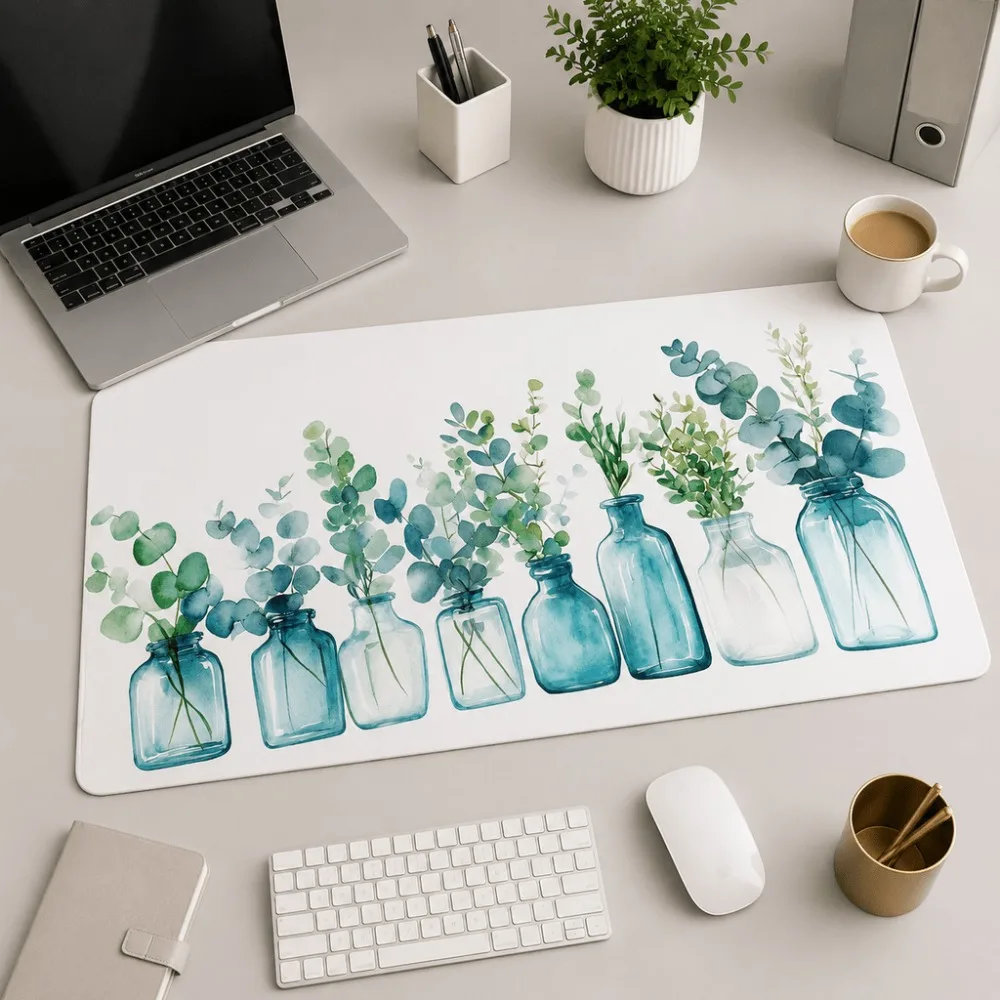 Watercolor eucalyptus flower vase printed table mat suitable both office and home users simple plant accessory for the desktop