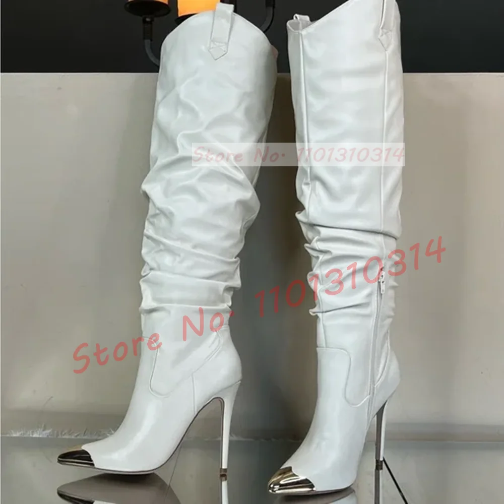 Metallic Toe Knee High Boots Women Chic Pleated White Stiletto High Heels Shoes Ladies Winter Gorgeous Pointy Slim Tall Boots