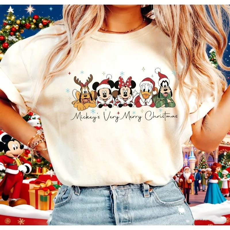 2025 verão natal disney mickey mouse masculino 100% algodão impresso camiseta família pai-filho roupas casuais unisex oversized