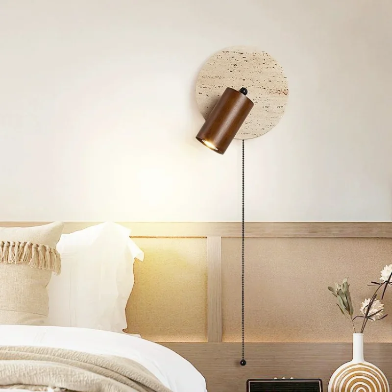 Bedroom Beside Led Wall Lamp Round Stone Reading Light Rotatable Spot Lights With Pull Switch Walnut Log Wood Color HomeDecor