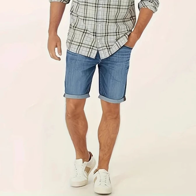 

Jeans Knee Length Men Short Pants High Waist Stretch Distressed Washed Pockets 2025 Streetwear Summer Straight Denims Shorts