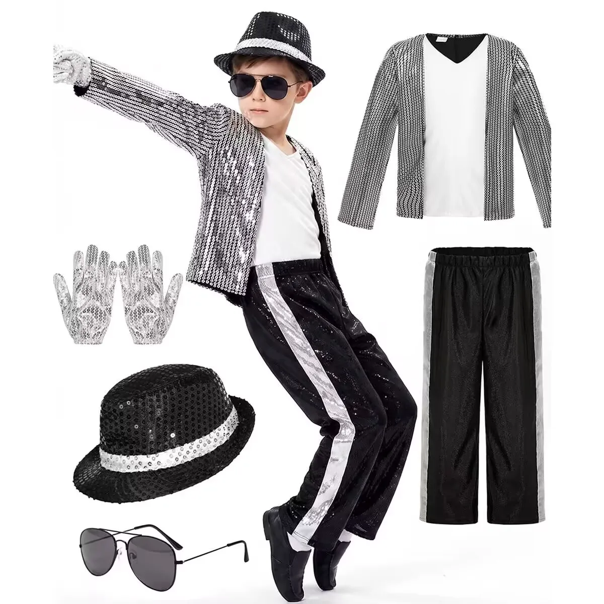 Disfraz de Michael Jackson para niños, disfraz de estrella de baile, superestrella, cantante, ropa de escenario de hip hop de los años 80 y 90 para Halloween