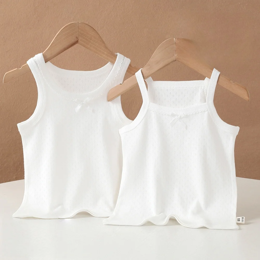 Kids Girls Summer White Cotton T-Shirts Breathable Mesh Bow Decor Tank Tops Children Camisole Soft Basic Tees