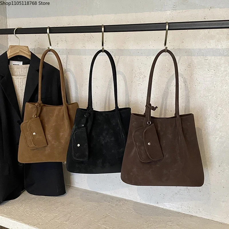 

Fashion Faux Suede Solid Color Large Capacity Casual Shoulder Bags Concise Retro Versatile Ladies Top-Handle Bags