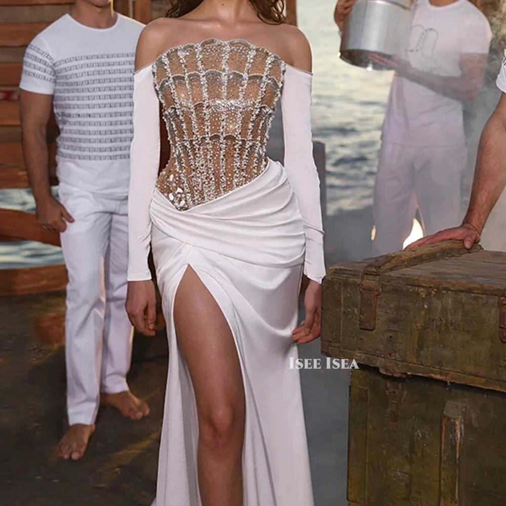 

Exquisite Long Sleeves Evening Dress Crystal Mermaid with Slit Saudi Arabric Gala Vestidos De Noche Fiesta Soiree Customized