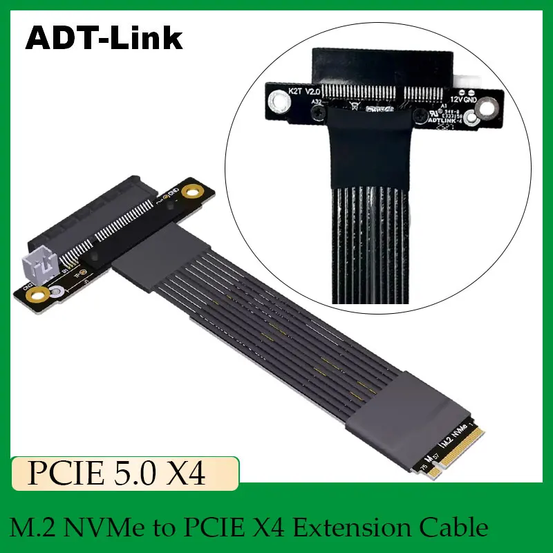 ADT-Link PCIE 5.0 M.2 NVMe to PCIe x4 Extension Adapter Gen5 180 Degree Straight High-Speed GPU Riser Cable for Graphics Card