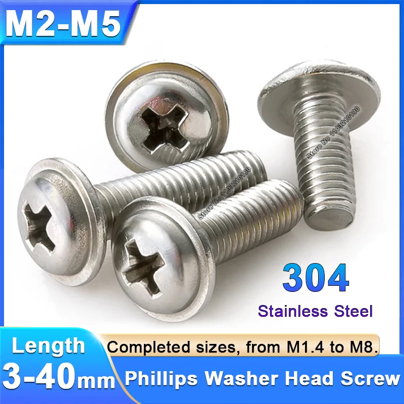 304 Stainless Steel Cross Head Machine Screw With Washer M2 M2.5 M3 M4 Phillips  Pan Round Head Computer Screw Pad Flange Bolt