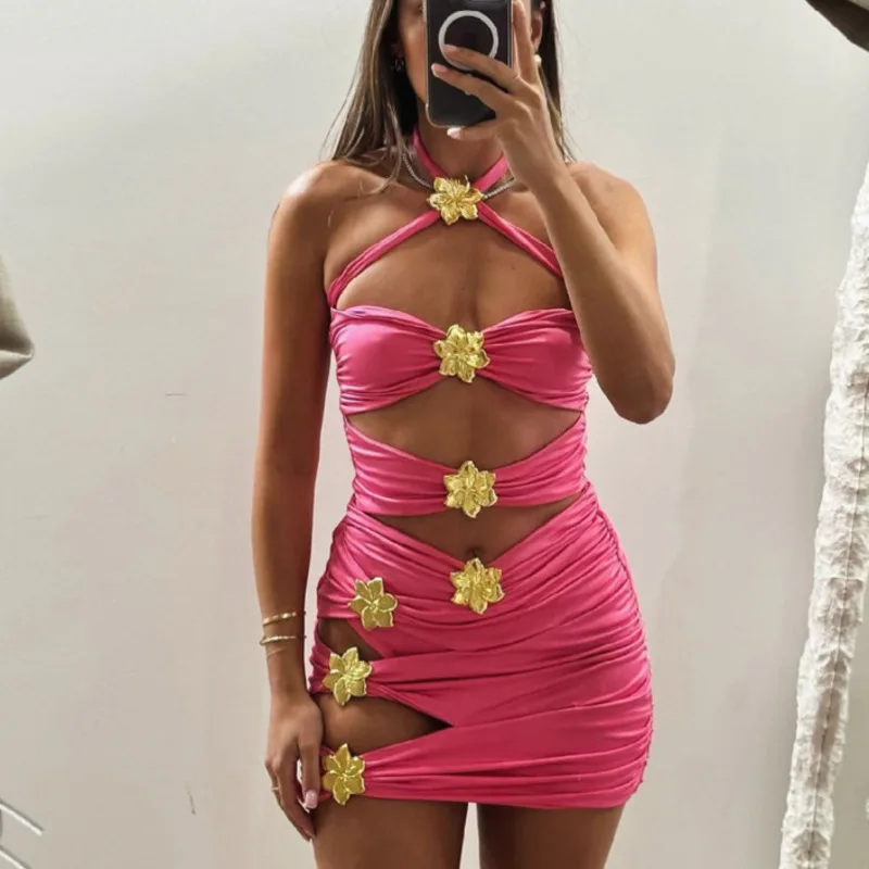 Sequin Bikini 2 Set Swimsuit Women Summer Sexy Solid Color Strapless Hollow Out Resort Beach Party Mini Dresses 2-piece Set New