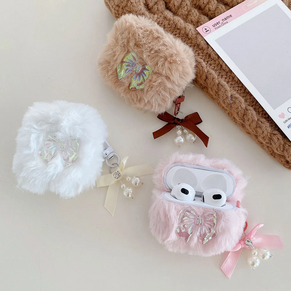 Winter Fluffy Plush Fur Bow knot Pendant Earphone Case For Apple AirPods 4 ANC AirPods 1 2 3 Pro Soft Headset Protective Cover