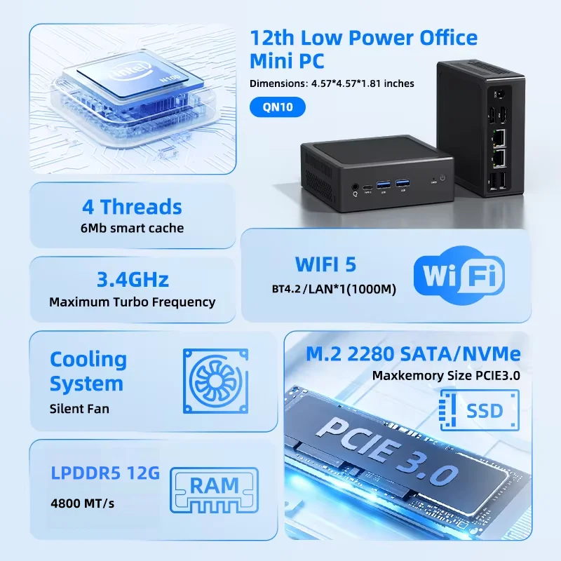 TexHoo Mini PC Intel Alder Lake N95 12GB LPDDR5 256GB M.2 2280 SSD Dual HDMI WiFi5 BT4.0 Win11 1xLAN Desktop Computer