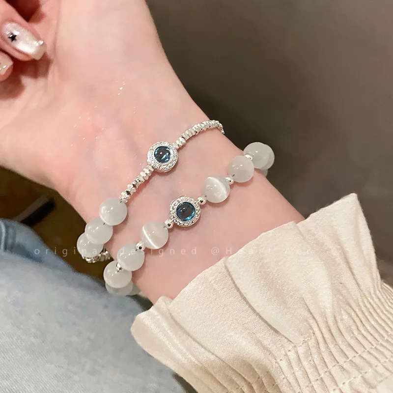 Women Cat's Eye Beaded Stackable Bracelet, Silver Plated Sparkly Crystal Wrist Chain Dainty Double Layer Bracelet Trendy Gift