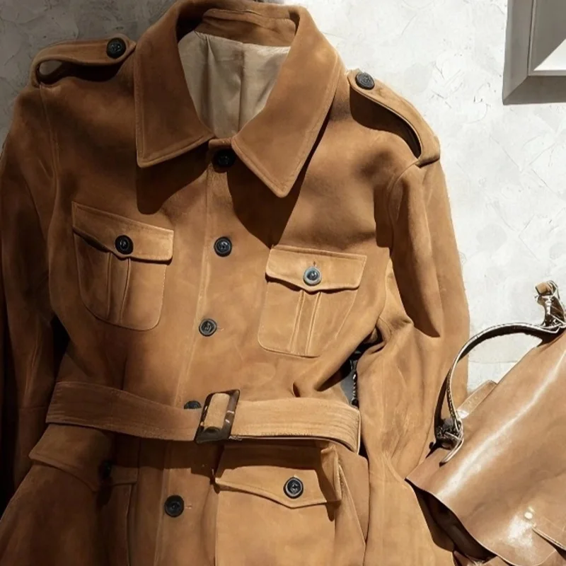 2025 Women's Beautiful and Stylish Suede Brown Coat Medium to Long Style with a High-end Feel Light Mature Style Casual Windbr
