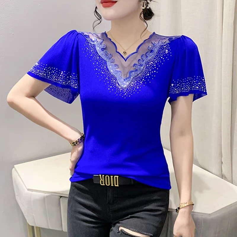 New 2024 Summer Women\'s T-Shirt Fashion Casual Ruffle Sleeved Sexy V-Neck Hot Diamonds Tops Female Elasticity Mesh Tees Blusas