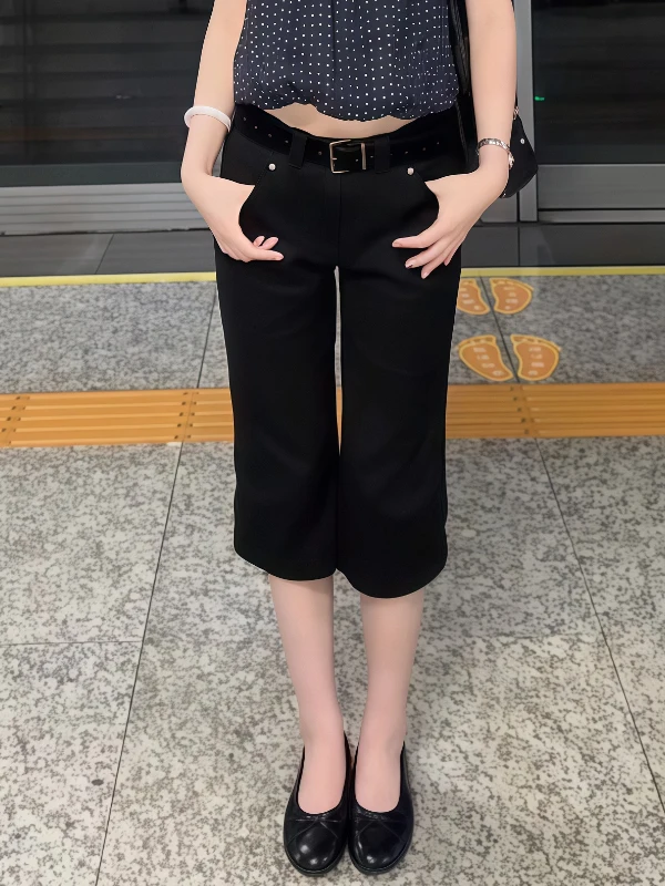 American Retro Low Waist Early Seven-Quarter Black Capri Pants Women Summer Millennium Hot Girl Slimming Micro Flared Medium-... - view 5