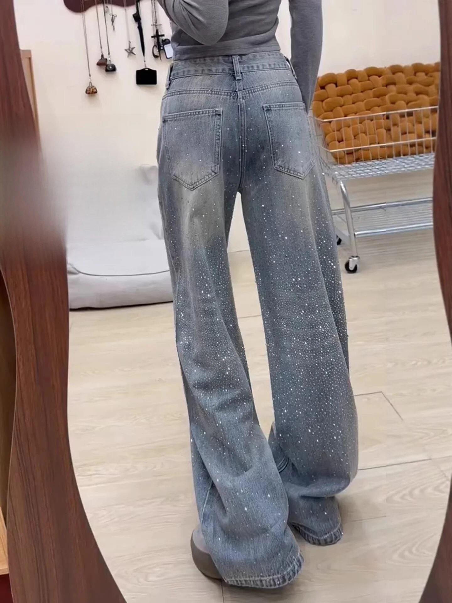 Shiny Sequin Denim Jeans Women's High Waist Straight Leg Wide Leg Pants Slimming Effect American Style Spring 2026 New Arrival