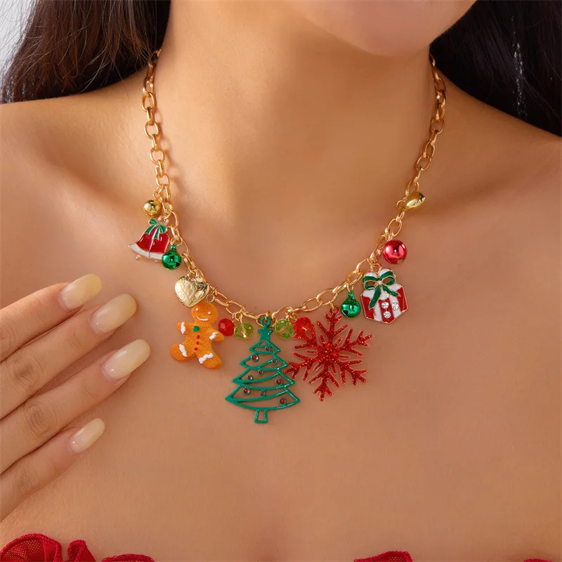 New Christmas Necklace Women Enamel Gingerbread Tree Snowflake Bell Charm Xmas Jewelry Holiday Party Accessory Gift for Girls