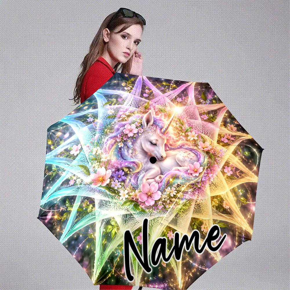 Custom Name Umbrella Dozing Unicorn Gradient Mane Starry Flowers 8 Iron Ribs Folding Umbrella Auto-Open Fashion Sunshade