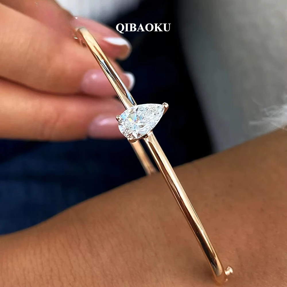 QIBAOKU 1CT WaterDrop Moissanite Bangle S925 Silver Pear Cut Solitaire Diamond Cuff Bracelet for Women Gifts Jewelry GRA 2026