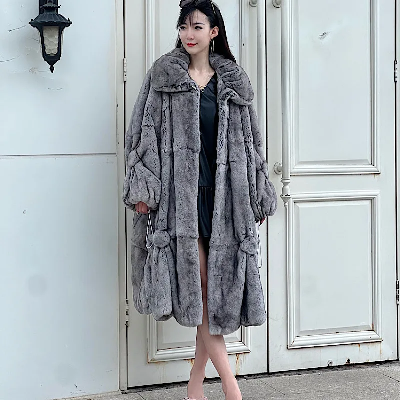 2024   Winter Whole Skin Fur Rex Rabbit Hair Fashionable Contrast Lapel Young Medium And Fur Long Coat Lady  Woman New