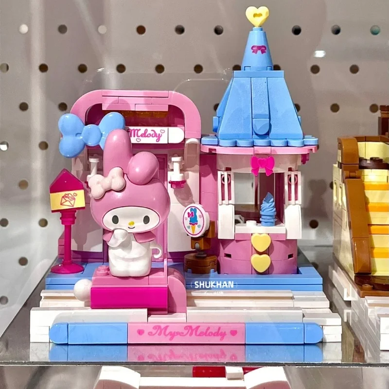 Keeppley sanrio blocos de construção original kuromi melodia gemini dos desenhos animados vista rua decoração modelo brinquedos das crianças presente da menina