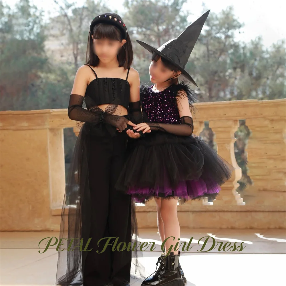 Petal High Low Children Birthday Wedding Dresses Feather Trim First Communion Gown Round Neck Girls Princess Dress Customized