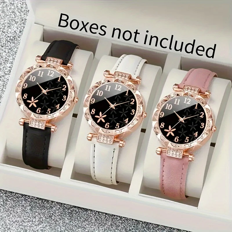 

Elegant 3PCs women's quartz watch suit, petal dial and Pu leather strap-leisure style women's watch luxury high-end jewelry