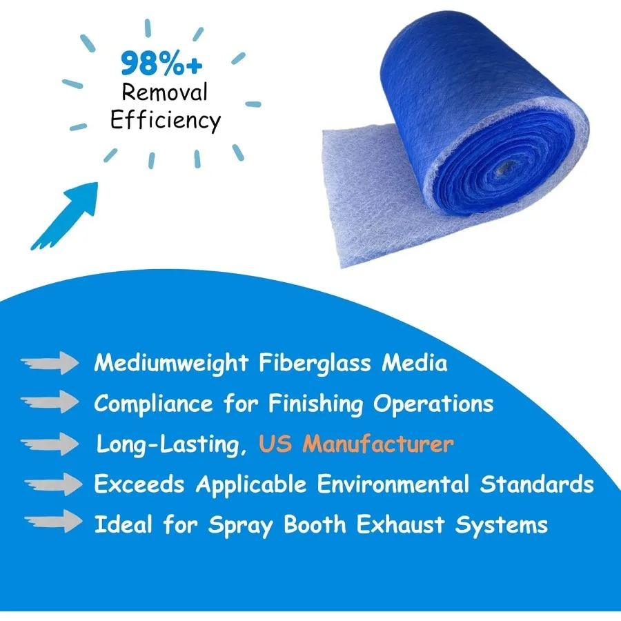 Rollo de filtro para pararrayos de pintura azul y blanco de alta eficiencia para sistemas de escape de cabina de pulverización, 24 pulgadas de ancho x 300 pies de largo, fibra duradera