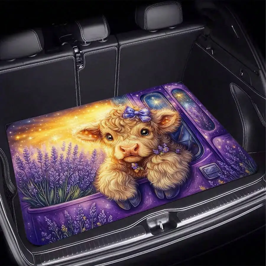 1 Piece, Cute Curly-Haired Cow And Lavender Starry Sky Style Character Car Trunk Mat, Purple Dreamy Print Pattern, Essential