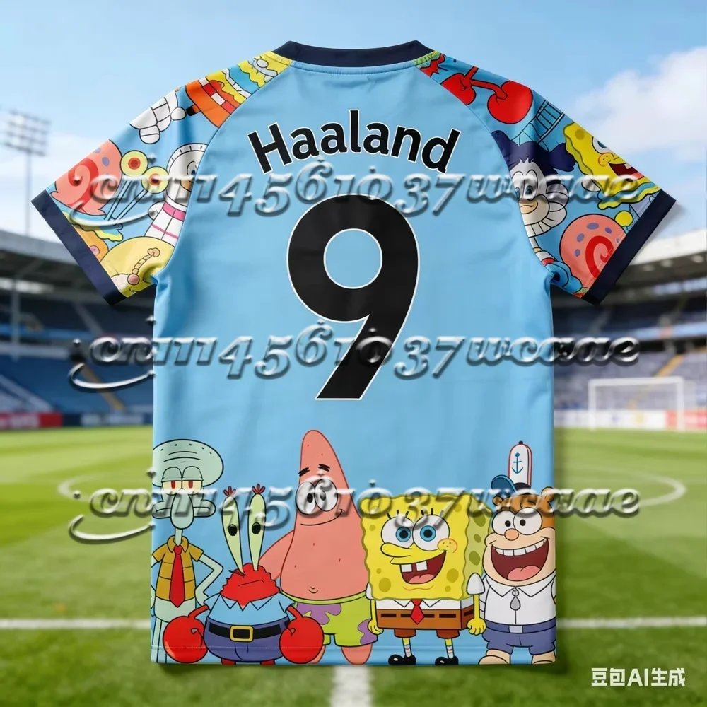Nueva Camiseta de Fútbol 2026 con Diseño Exclusivo Universal Haaland 9, Estampado Completo de Bob Esponja y Ribete Amarillo, para Combinar en Familia