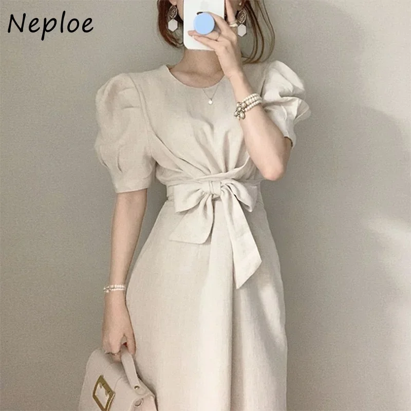 Neploe Summer Dress for Women 2024 Solid Office Ladies Puff Sleeve Korean Chic Vestidos Bow Bandage Robe Femme A-line