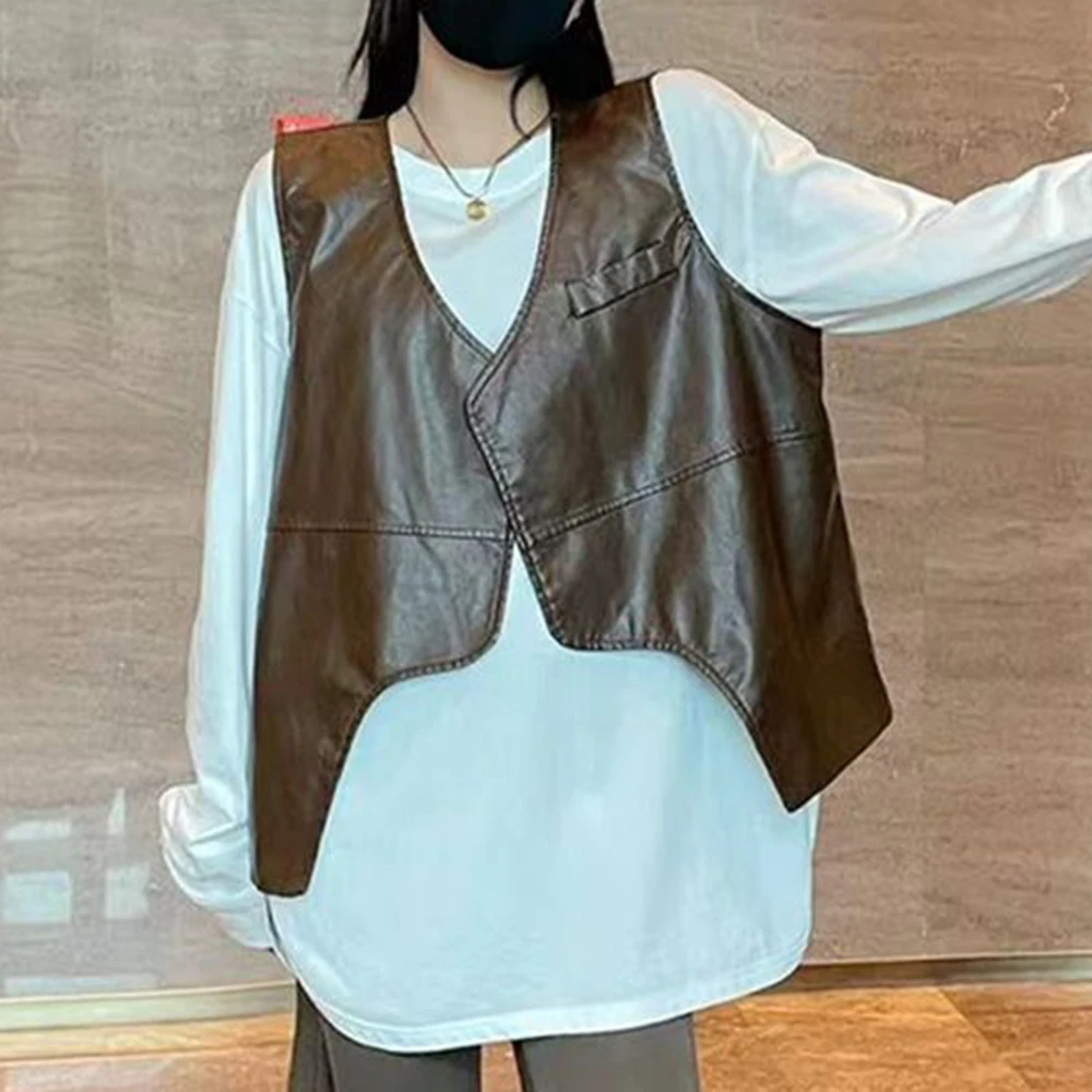 Chaleco de cuero, talla grande para mujer, diseño irregular retro de otoño gordo, chaqueta de café holgada, cárdigan sin mangas para mujer