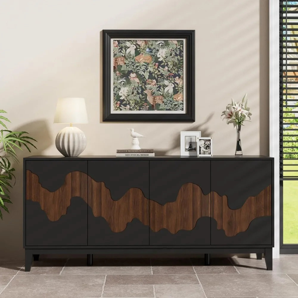 

Sideboard Buffet Cabinet with Storage, 63 Modern Sideboard with Brown Water Stream Pattern, Kitchen Storage Cabinet with Doo