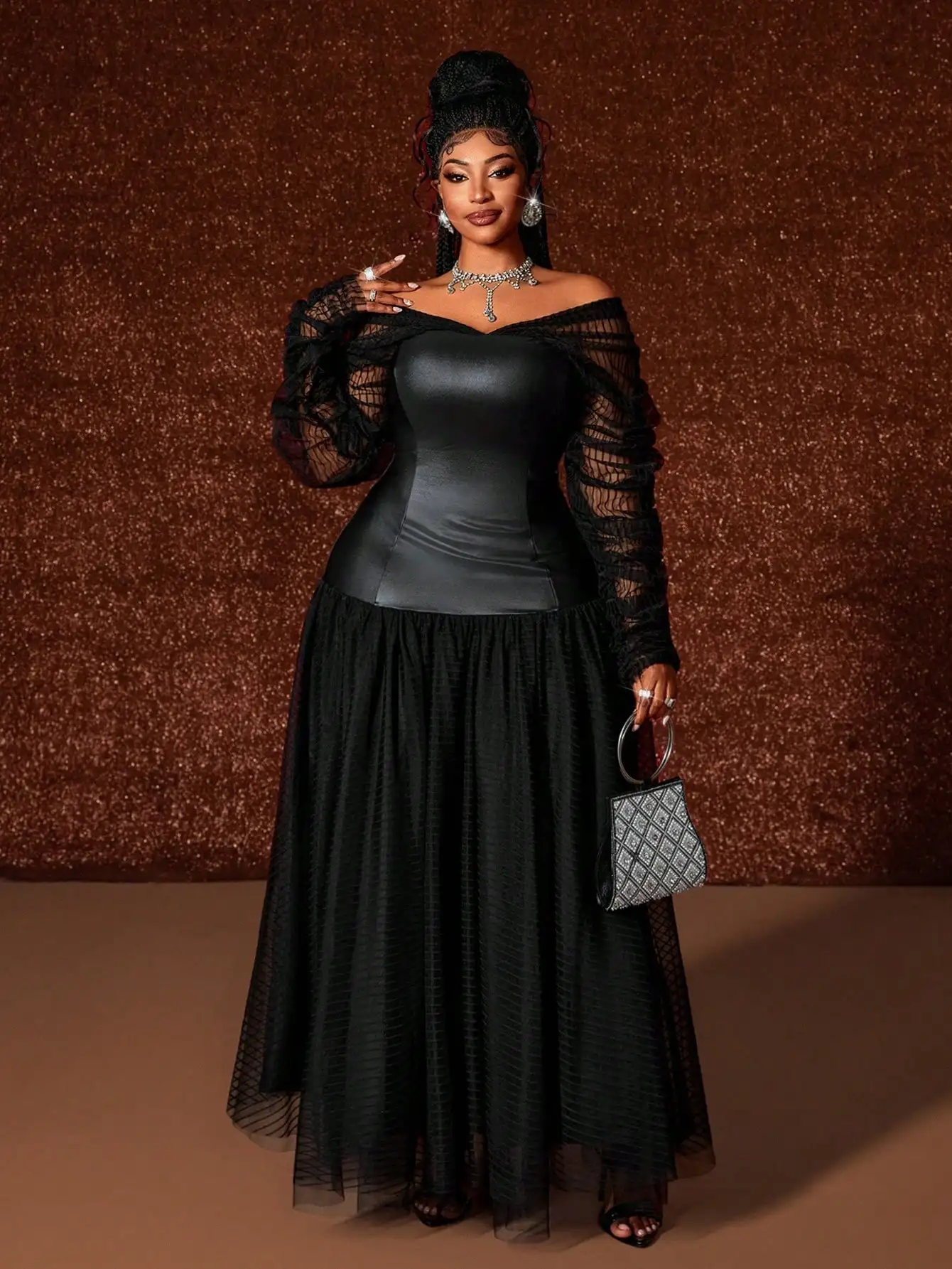 Black Off-Shoulder Long Sleeve Mesh Patchwork Elegant Maxi Dress