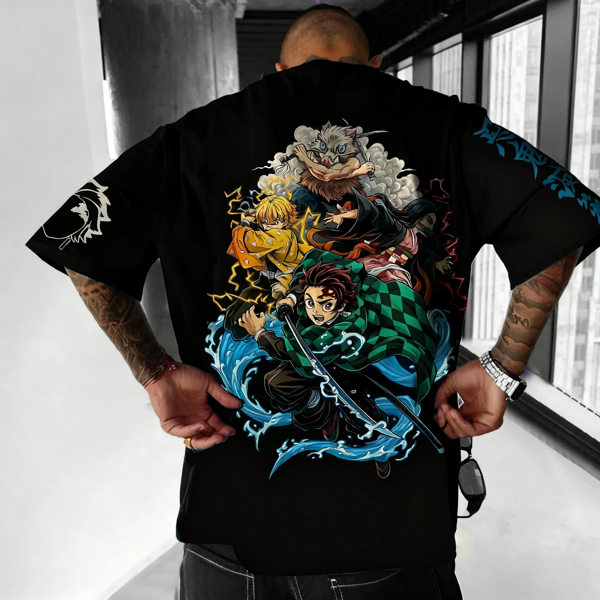 شيطان القاتل أنيمي مطبوعة الجبهة والخلفية تي شيرت 2026 الرجال الصيف جديد الأمريكية الهيب هوب العصرية عادية فضفاض الوالدين والطفل