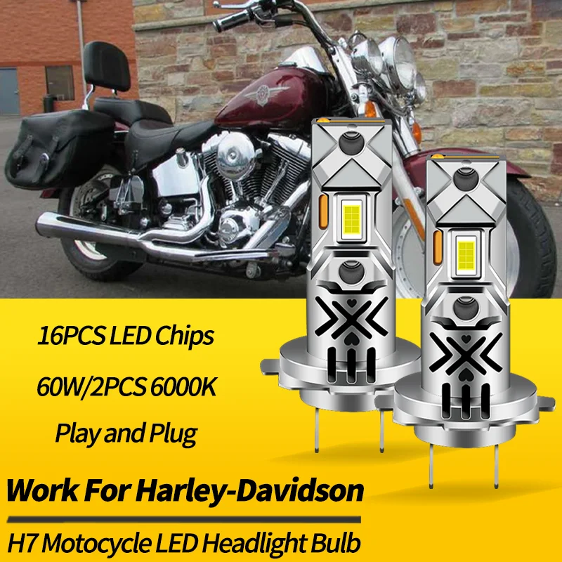 2PCS H7 LED Headlight Bulbs High Low Beams Canbus For Harley-Davidson Fatboy Lo FLSTF 2010-2017 With Fan Wireless Mini Size