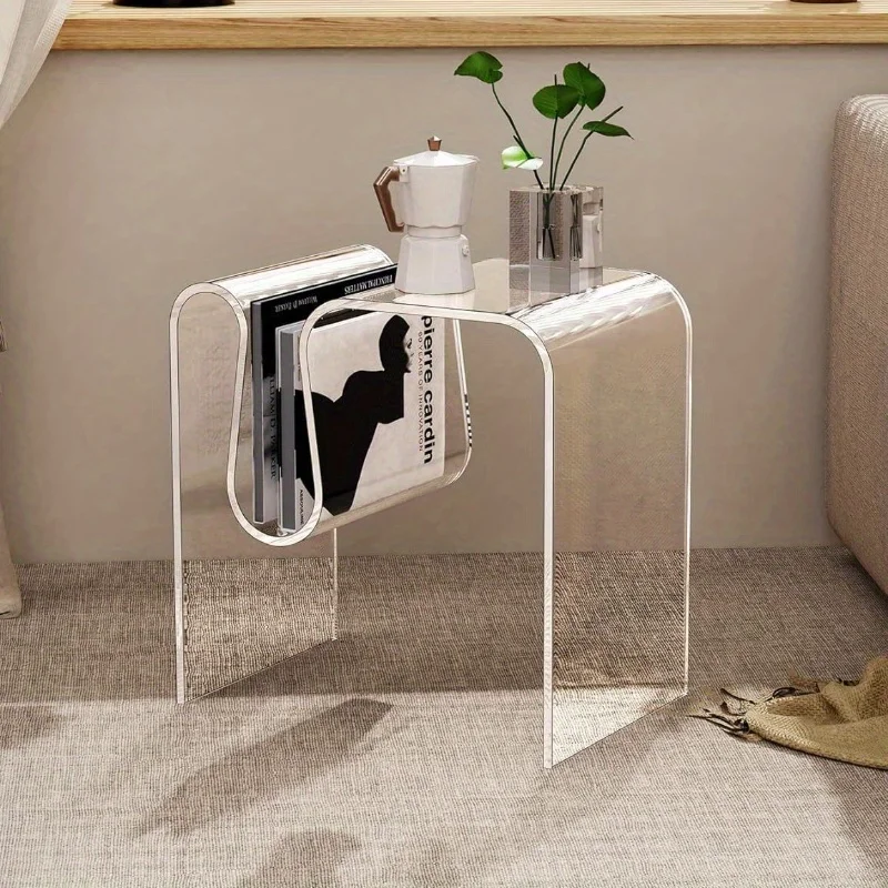 Glam Acrylic Side Table - Water-Resistant, Pedestal Base, M-Shaped, Multi-use as Small Coffee Table- Stylish & Modern Furniture
