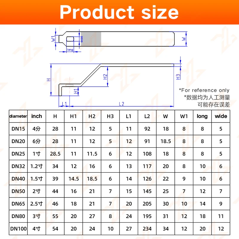 Stainless steel ball valve handle accessories, two piece three piece water pipe valve switch handle wrench, 4 in. 6 in. 1 in. 2