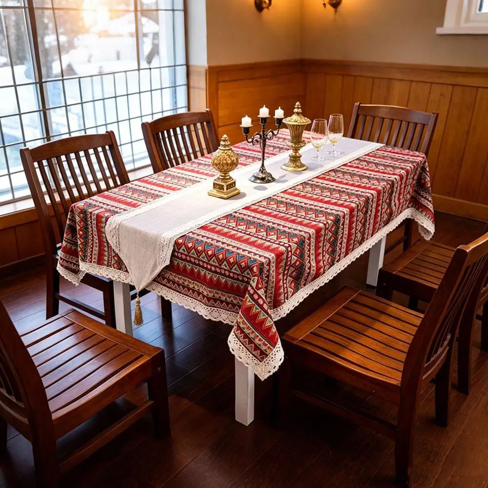 Vintage Bohemian Tablecloth Cotton Linen Thick Round Rectangle Dining Table Cloth with Lace Border Tassel Boho Home Decor