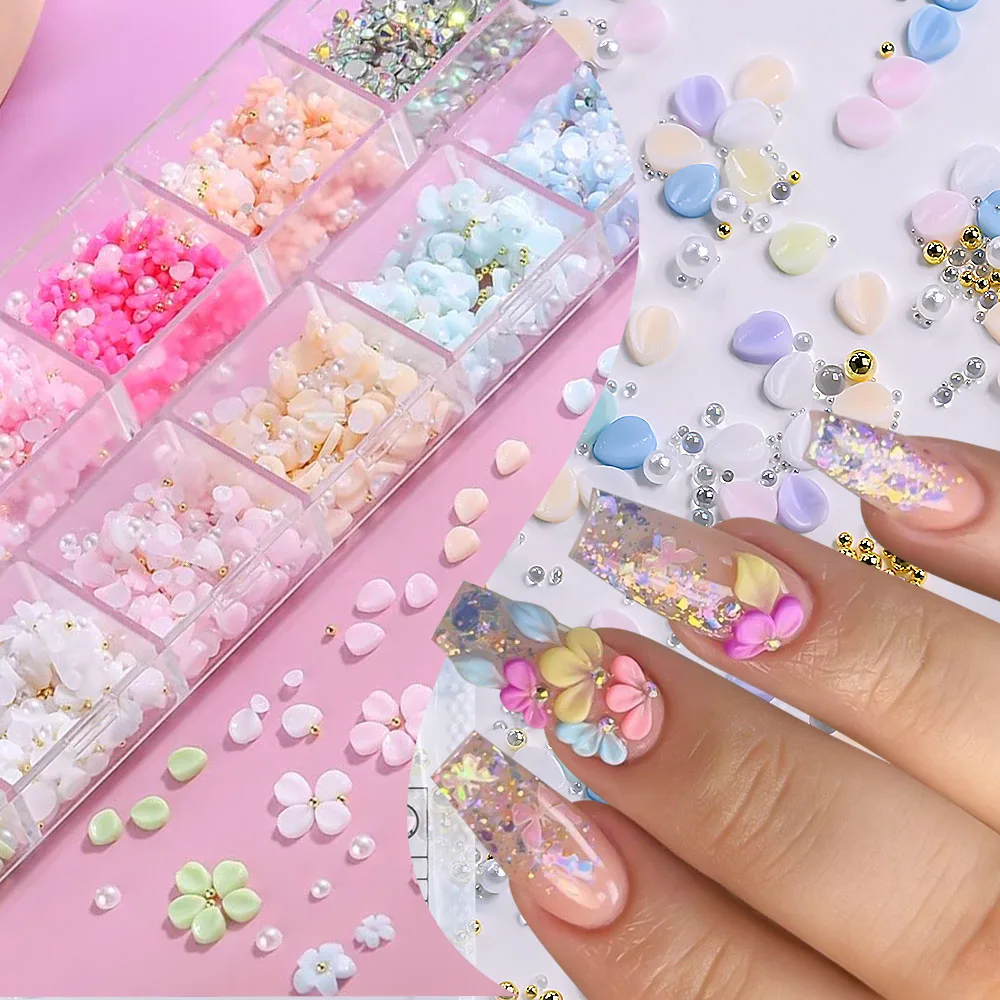 12Grids 3D French Acrylic Petal Nail Art Decorations Mixed Half Pearls Golden Beads AB Gems Nail Rhinestones Macaron Nail Charms