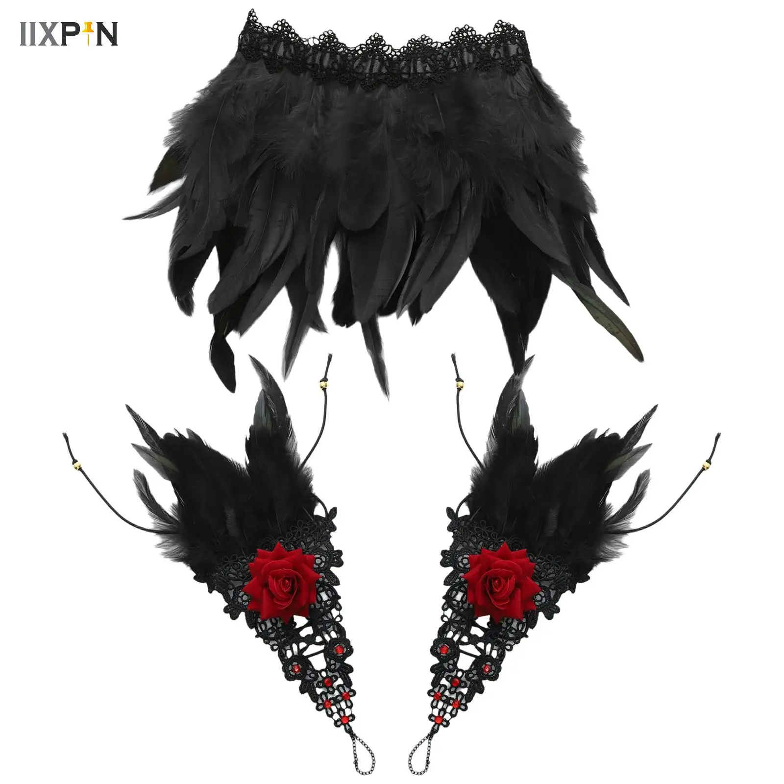 

Fashion Feather Sleeve Cuffs Gloves + Neck Collar Party Cosplay Lace Wrist Cuffs Furry Accessories Carnival Stage Show Costume