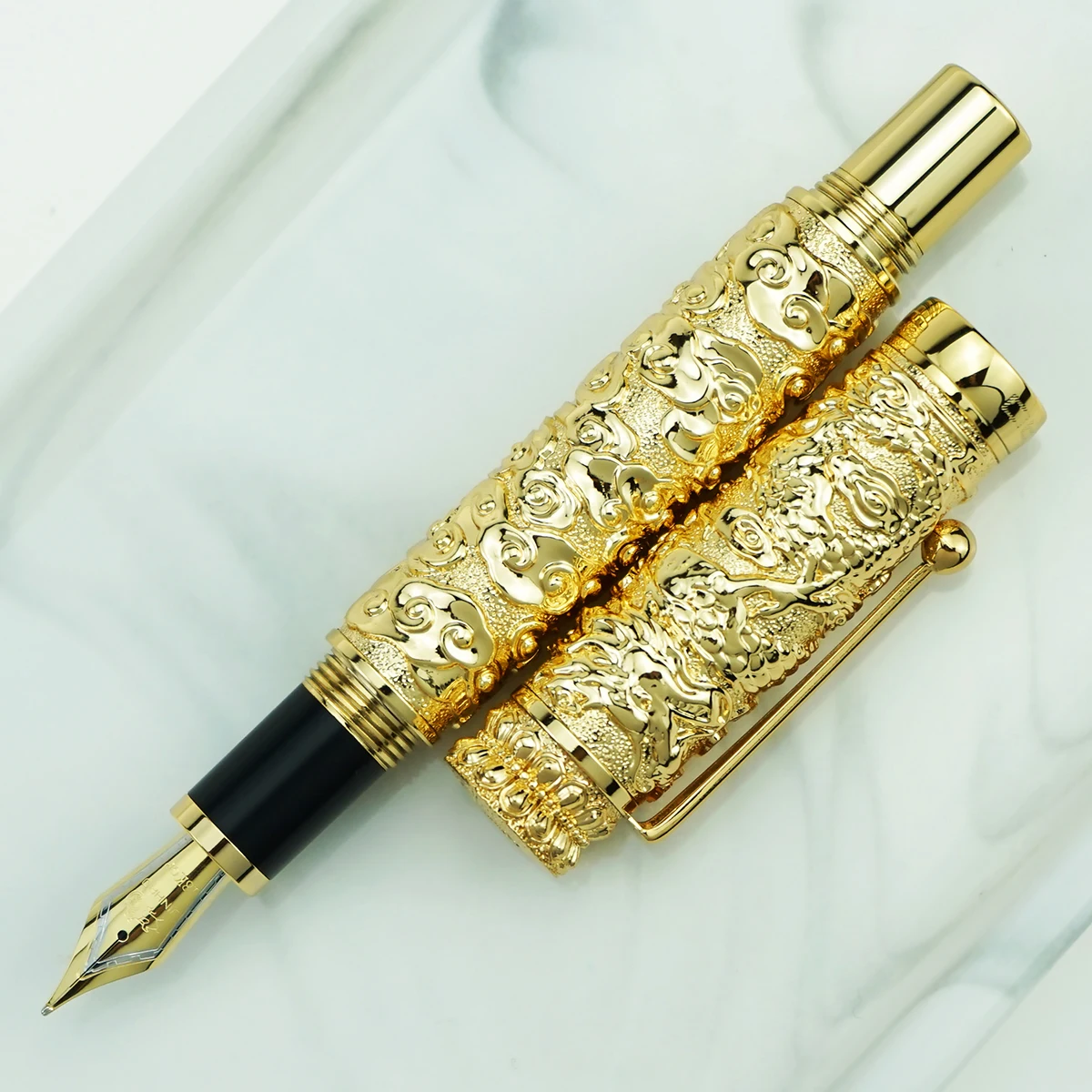 Jinhao-pluma estilográfica de Metal completo de lujo con Clip, dragón dorado pesada de pluma de tinta/gris, punta fina de iridio/punta doblada,