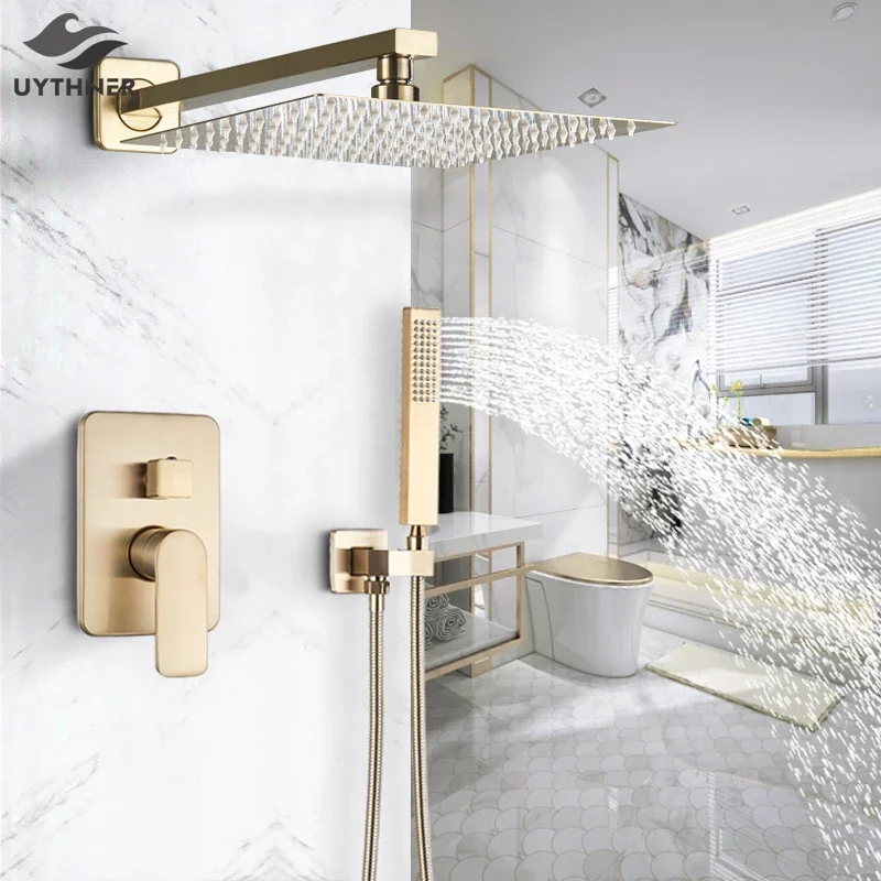 

Brushed Golden Shower Faucet Wall Mounted 8" Rainfall Bath Shower Faucet Set with Handshower Single Handle Rain Shower Mixer Tap