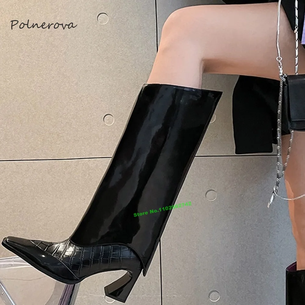 Glossy Black Leather Mid-Calf Boots Strange Style Pointy Toe Boots Runway Party Shoes for Women 2023 Autumn Winter Luxury Sexy