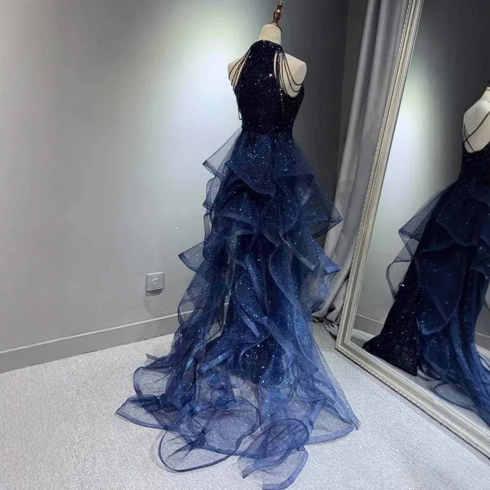 Elegant Sparking Navy Blue Evening Dresses Halt Beading Party Gown Customized Prom Dress 2025 Tiered robes de  Sweep Train