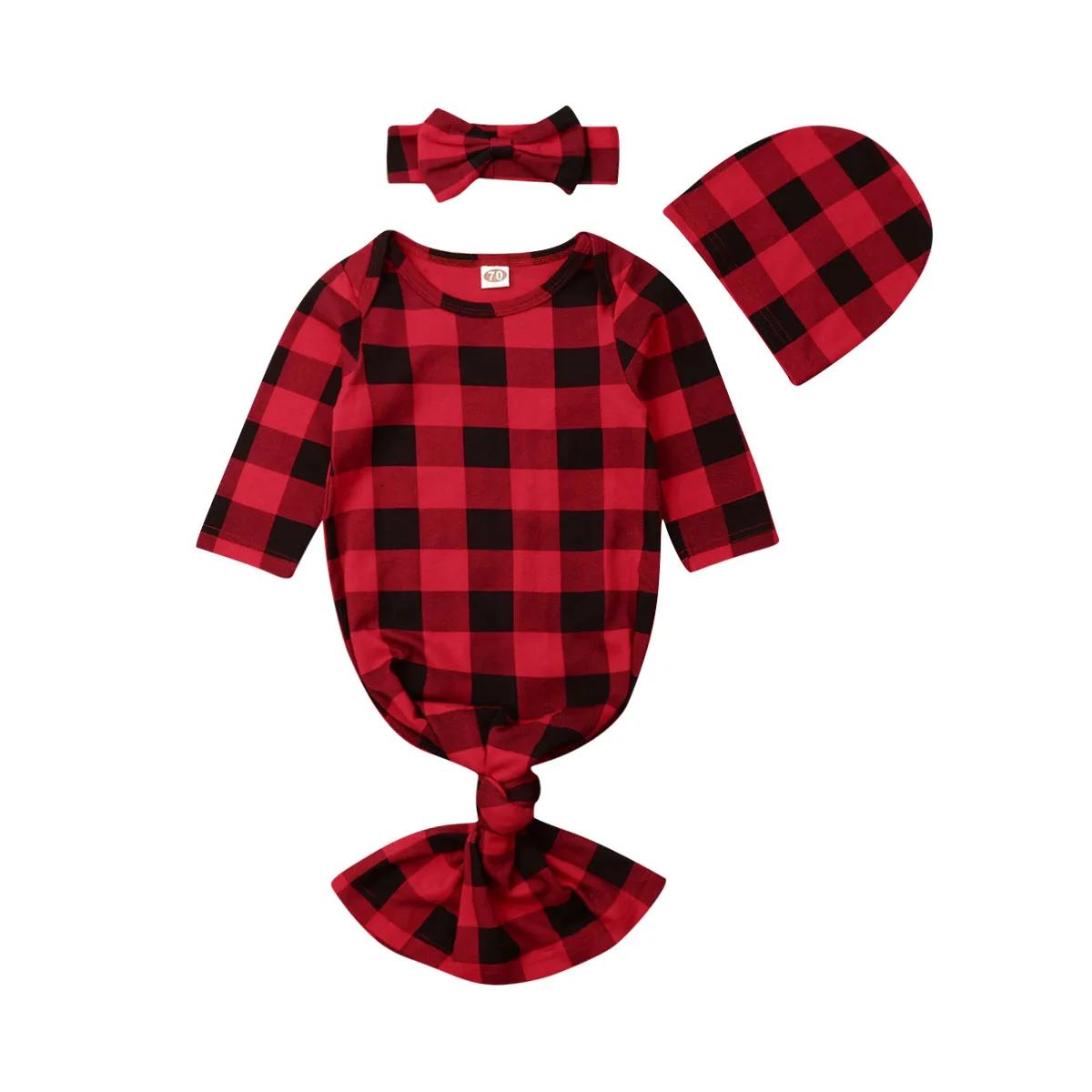 Baby Beanie Hat & Hair Band, Long Sleeve Envelope Neckline Sleepwear, Plaid/Floral Printed Stretchy Nightgown