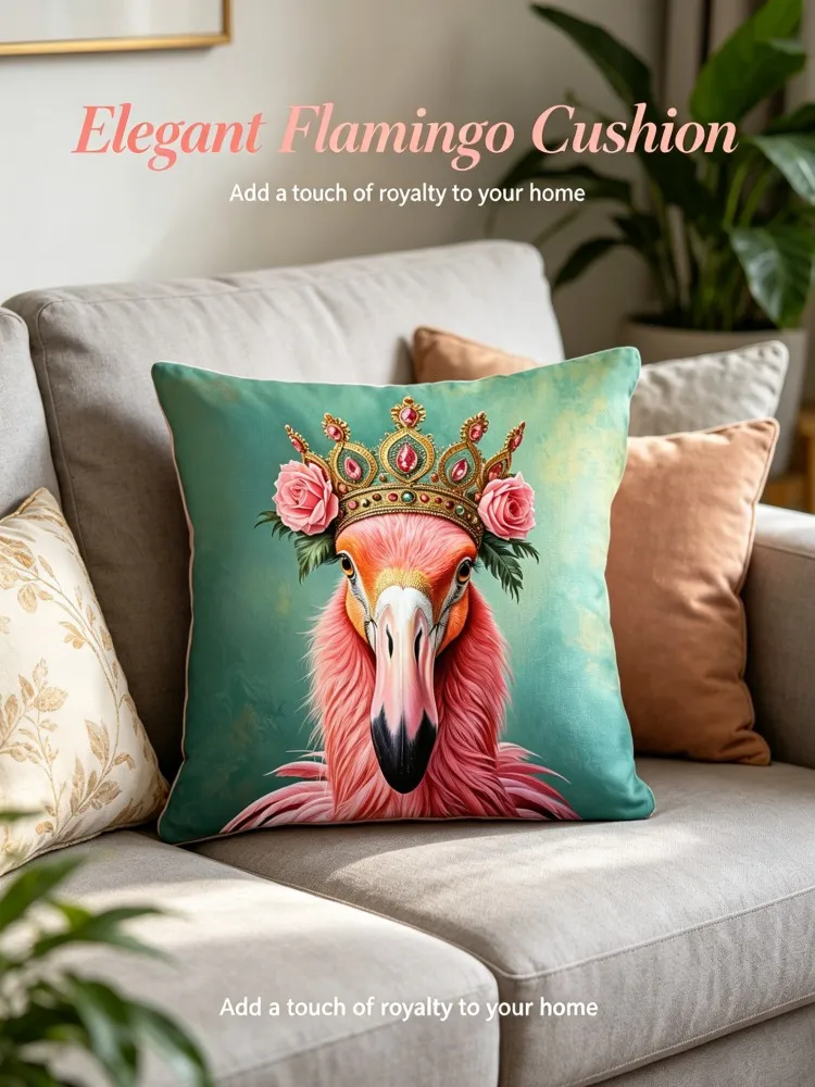 Funda de cojín Royal Crown Pink Flamingo, funda de cojín cuadrada con diseño de animales y corona de gemas en fondo verde vintage para sofá y sala de estar