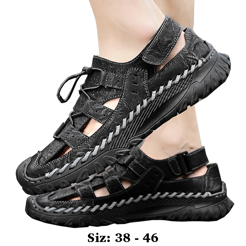 

High quality leather flat sandals for men round toes new summer 2025 size 38 46 casual beach walking plus size shoe brown black