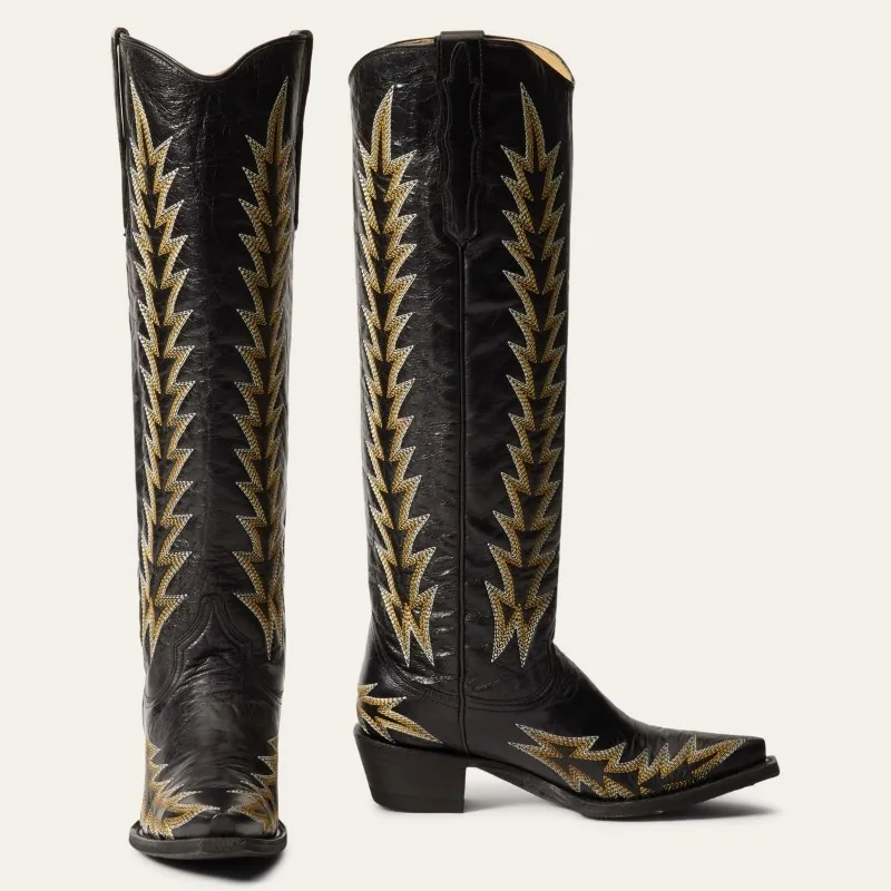 PU Leather Embroidery Pointed Toe Knee-High Women Western Boots Chunky High Heels Slip On Design Large Size Cowboy Shoes