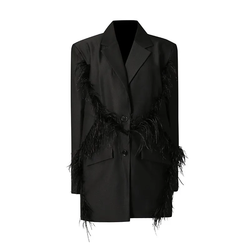 Patchwork Suit No Hood Regular Fit Commuter Style with Fringe Detail Single Breasted Long Sleeve Notched Lapel Women Jacket
