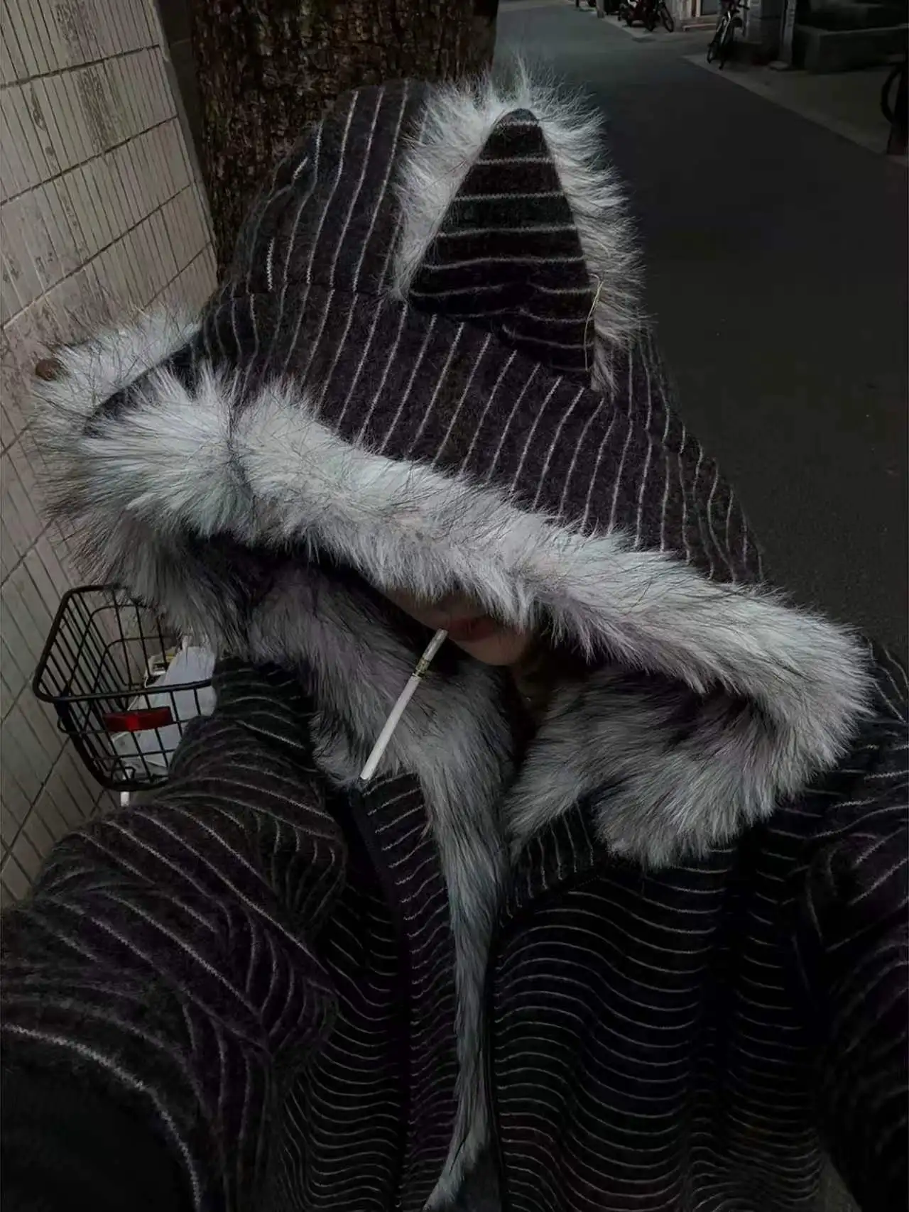 Vintage Beige Striped Long-sleeved Cat Ears Hooded Fur Collar Cotton Jacket Women's Autumn Winter Versatile Jacket Velvet Warm